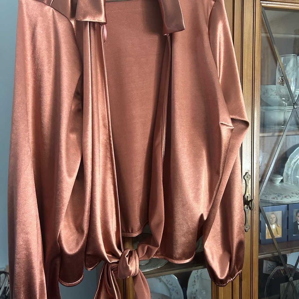 JULIA Satin Tie-Front Robe WRAP BLOUSE in Rose Copper
